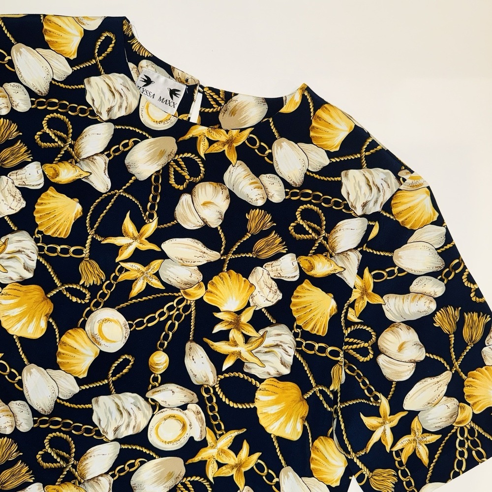 Vintage 90s Ilyssa Maxx Nautical Shell Chain Print Blouse Size 14 Navy Gold Top
